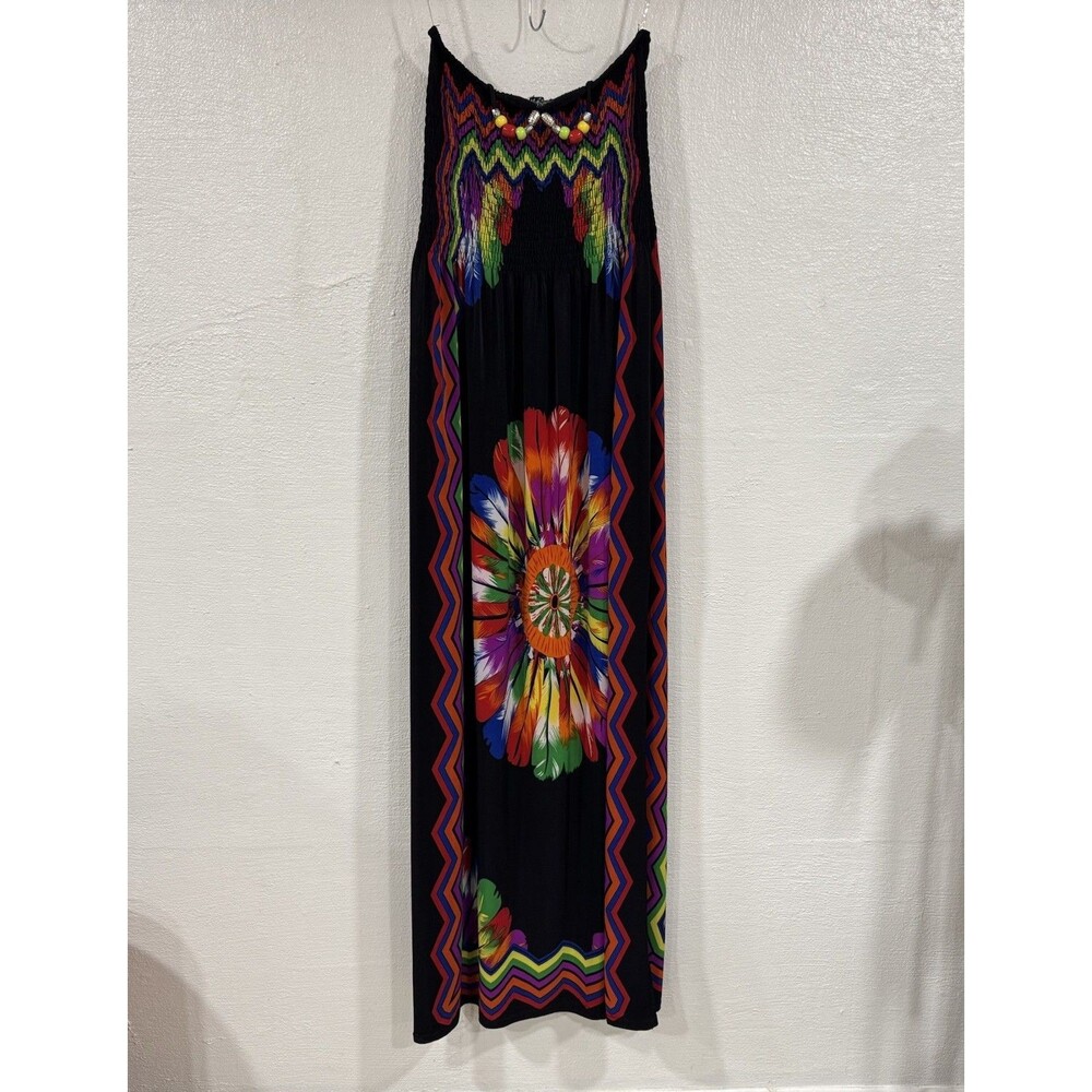 Just Love Maxi Dress Small Black Floral Chevron Smocked Bust Polyester Spandex